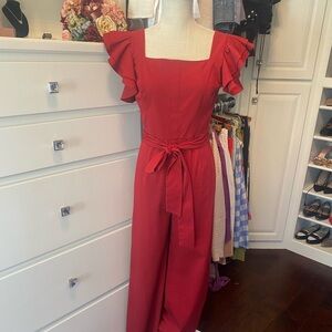 Antonio Melani Red Square Neck Jumpsuit with Ruffled Sleeves